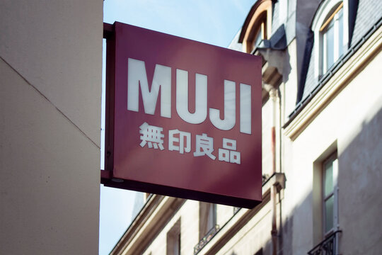 Signage of international Japanese retail company which sells a wide variety of household and consumer goods in Le Marais district of Paris. 3rd arrondissement
