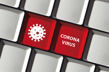 Corona Covid-19 virus icon and text on computer keyboard on red keys