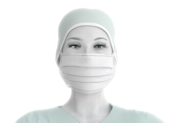 Female nurse wearing coronavirus protective mask. Young woman wearing medical face corona virus protection mask. 3D woman doctor wearing surgical mask against coronavirus covid-19 SARS-CoV-2 disease