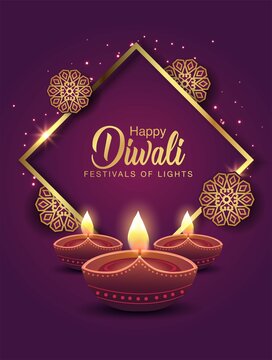  Happy Diwali celebration background. front view of banner design decorated with illuminated oil lamps on patterned stylish background. vector illustration