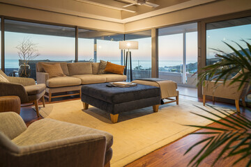 Luxury home showcase interior living room with ocean view