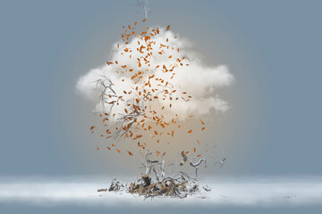 Autumn tree and leaves exploding into cloud