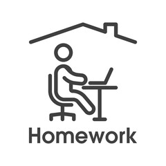 Homework icon. Simple linear image of a man sitting at a table with a laptop under the roof of a house. Isolated vector on white background.