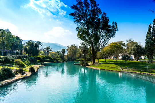 The river Amal flows through the kibbutz Nir David in the valley of Beit Shean. Israel. Nir David Country Lodge. Israel