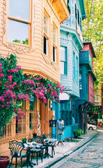 Fototapeta na wymiar Colorful and bright houses in the Kuzguncuk district of Istanbul.
