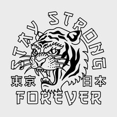 B&W Tiger Head Illustration with Stay Strong Slogan and Japan and Tokyo Words with Japanese Letters Vector Artwork on White Background for Apparel and Other Uses