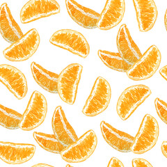 Watercolor hand drawn seamless pattern illustration of bright orange tangerine mandarine citrus fruits pieces minimalist lines. For food organic vegetarian labels, packaging. Natural trendy design.