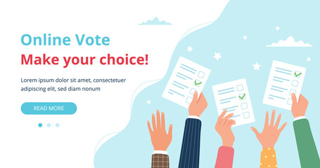 People s hands holding vote ballots. Voting web page concept.