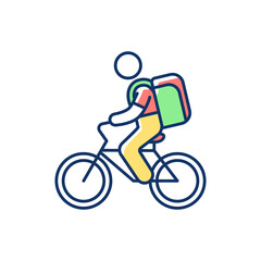Food delivery person RGB color icon. Meal and groceries delivery. Restaurant takeout. Online food ordering. Bicycle courier. Part-time job. Grocery shopping trip. Isolated vector illustration