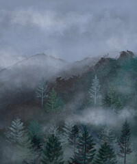 Rainy Pine forest in the fog. Hand drawn watercolor foggy forest and mountains. Scenic landscape.Trendy misty nature canvas, poster, background. Silhouette of forest.  Treveler design. Rainy weather.