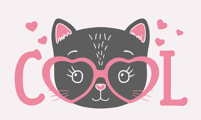 Cute black cat face with pink heart glasses. Cool slogan. Vector illustration for children print design, kids t-shirt, baby wear