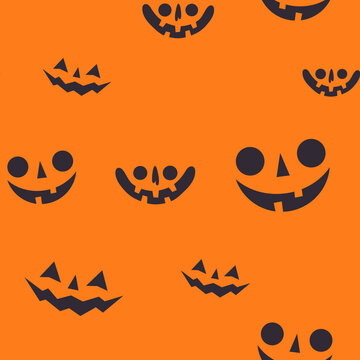 Halloween pumpkin faces seamless pattern. Carved pumpkins texture background.