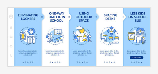 Covid school safety guidelines onboarding vector template. One-way traffic. Spacing desks. Responsive mobile website with icons. Webpage walkthrough step screens. RGB color concept