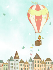 Hand drawn poster size illustration of a little girl flying in a hot air balloon above a town with butterflies flying around