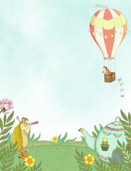 Hand drawn digital background with a garden theme, bug looking through telescope, hot air balloon, teapot house, and flowers.