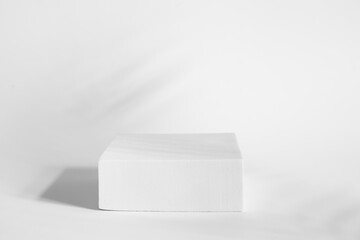 white rectangular box with shadows on a light white background. White plastic cream jar. For cosmetics or cosmetology background. stand for advertising beauty products. eucalyptus plant leaf
