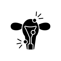 Endometriosis black glyph icon. Painful disorder. Endometrium. Ovaries, fallopian tubes. Dysmenorrhea. Pelvic pain. Uterus. Silhouette symbol on white space. Vector isolated illustration
