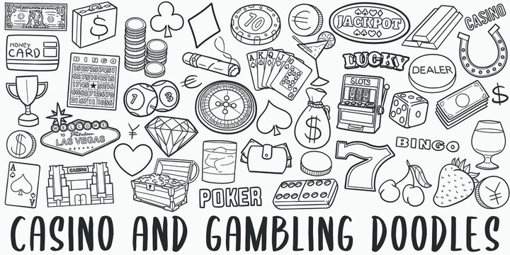 Cansino and Gambling doodle icon set. Game Vector illustration collection. Banner Hand drawn Line art style.