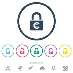 Locked euros flat color icons in round outlines