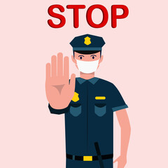 A cop in a medical protective mask makes a STOP gesture with his hand. Quarantine Control. Coronavirus Prevention. Vector illustration flat design. Isolated on a red background.