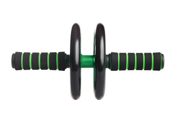 Closeup image o abdominal wheel isolated at white background. Home fitness fitness wheel. Healthy lifestyle at quarantine.