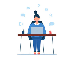 Woman working at laptop with icons around. Freelance, online learning, home office, remote work concept. Vector illustration isolated on white background