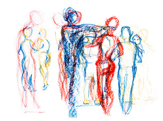 Drawing on white paper with colored pencils, crayons and pastels.Dancing couple of people. A man and a woman embrace. Social dance party. Bachata, tango, Kizomba, salsa. For wall decoration, poster.