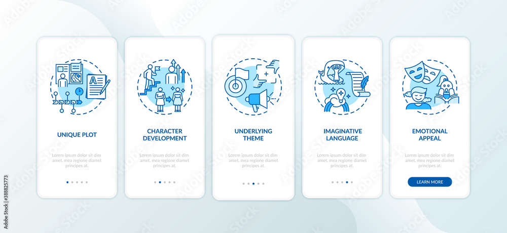 Wall mural creative writing elements onboarding mobile app page screen with concepts. character development pro