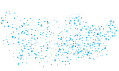Snowflakes of different sizes and different transparency are randomly scattered over a transparent background. Winter vector background, pattern, design.