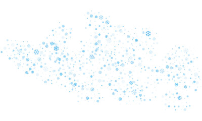 Snowflakes of different sizes and different transparency are randomly scattered over a transparent background. Winter vector background, pattern, design.
