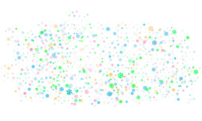 Multicolored snowflakes of different sizes and different transparency are randomly scattered over a transparent background. Winter vector background, pattern, design. Vector .