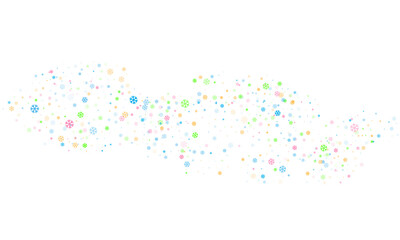 Multicolored snowflakes of different sizes and different transparency are randomly scattered over a transparent background. Winter vector background, pattern, design. Vector .