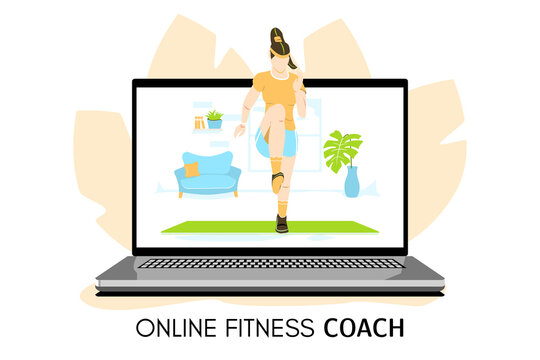 Online sport and fitness coronavirus isolation online trainer. Woman showing how to do exercises. Fitness trainer online concept cartoon vector illustration. 