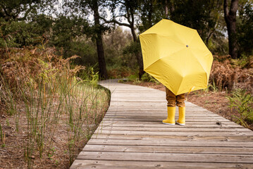 child plays during the fall with matching yellow umbrella with his yellow wellies on a wooden path