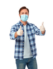 Casual man with face mask and protective gloves showing ok sign