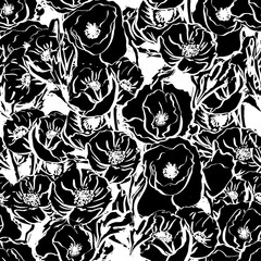 seamless pattern of black black flowers. Botanical monochrome elegant pattern