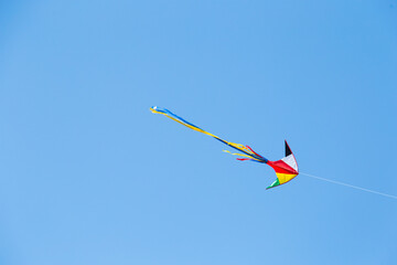 kite on the blue sky in sunny weather and wind. Kite flying in summer with copy space. Liberty.