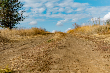 Obraz premium A winding wide road with turns of dust, earth and sand, among dry vegetation and grass. On the background of a beautiful cloudy sky. Yellow drying plants and shrubs around