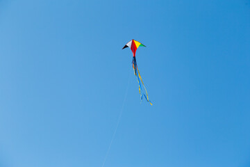 kite on the blue sky in sunny weather and wind. Kite flying in summer with copy space. Liberty.