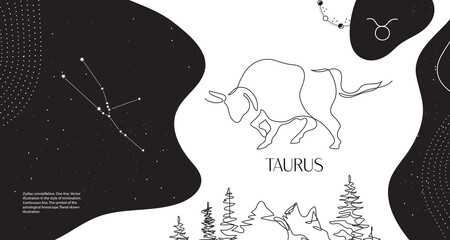 Zodiac background. Taurus constellation. Horizontal banner. Continuous line.