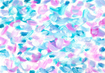 Colorful abstract art of watercolor hand paint on a white background: rich brush strokes of pink, purple, turquoise. Bright shades.
