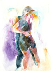 Watercolor painting.Dancing couple of people.A man's shadow position.Social dances, bachata, Kizomba, tango, salsa.Party and celebration.Summer dances.For the decoration of the advertising text,banner