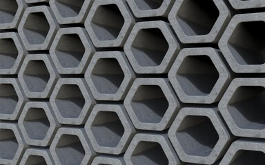 Honeycomb concrete wall texture. Abstract hexagonal architectural exterior design. 3D rendering illustration, side view