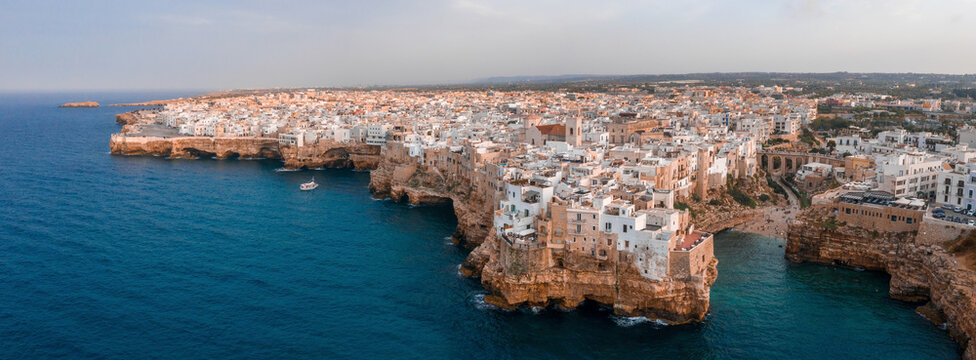 Aerial panoramic sight in Polignano a Mare, Bari Province, Apulia (Puglia), southern Italy.