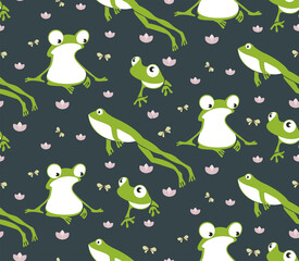 Seamless pattern with adorable green frogs on a dark background. Amphibians with big eyes, jumping, sitting, watching flying insects.