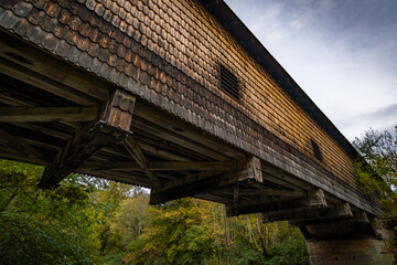 Historic wooden bridge at the hiking trail near the Beuron monastery in the Danube valley