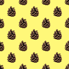 seamless pattern of forest pine cones on yellow background