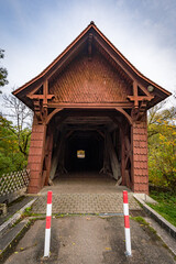 Historic wooden bridge at the hiking trail near the Beuron monastery in the Danube valley