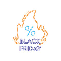 black friday neon design with fire flame with percentage symbol, colorful design