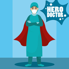Medical icu hero doctor with cape blue - Vector